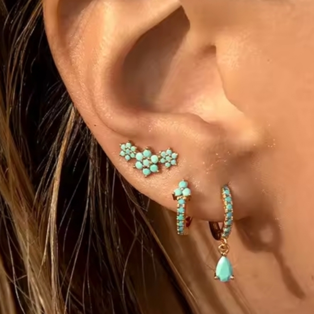 Flower Stainless Steel Earrings Blue Zircon Water Drop Hoop Earrings